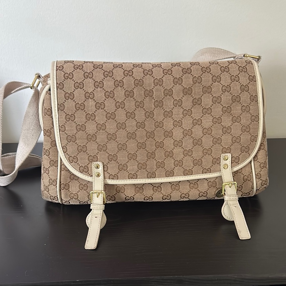 Brown and Cream Crossbody Diaper Bag with Signature Monogram